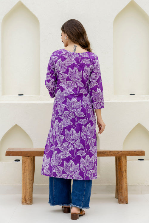 Purple Printed Embroidered Pure Cotton Straight Kurta.