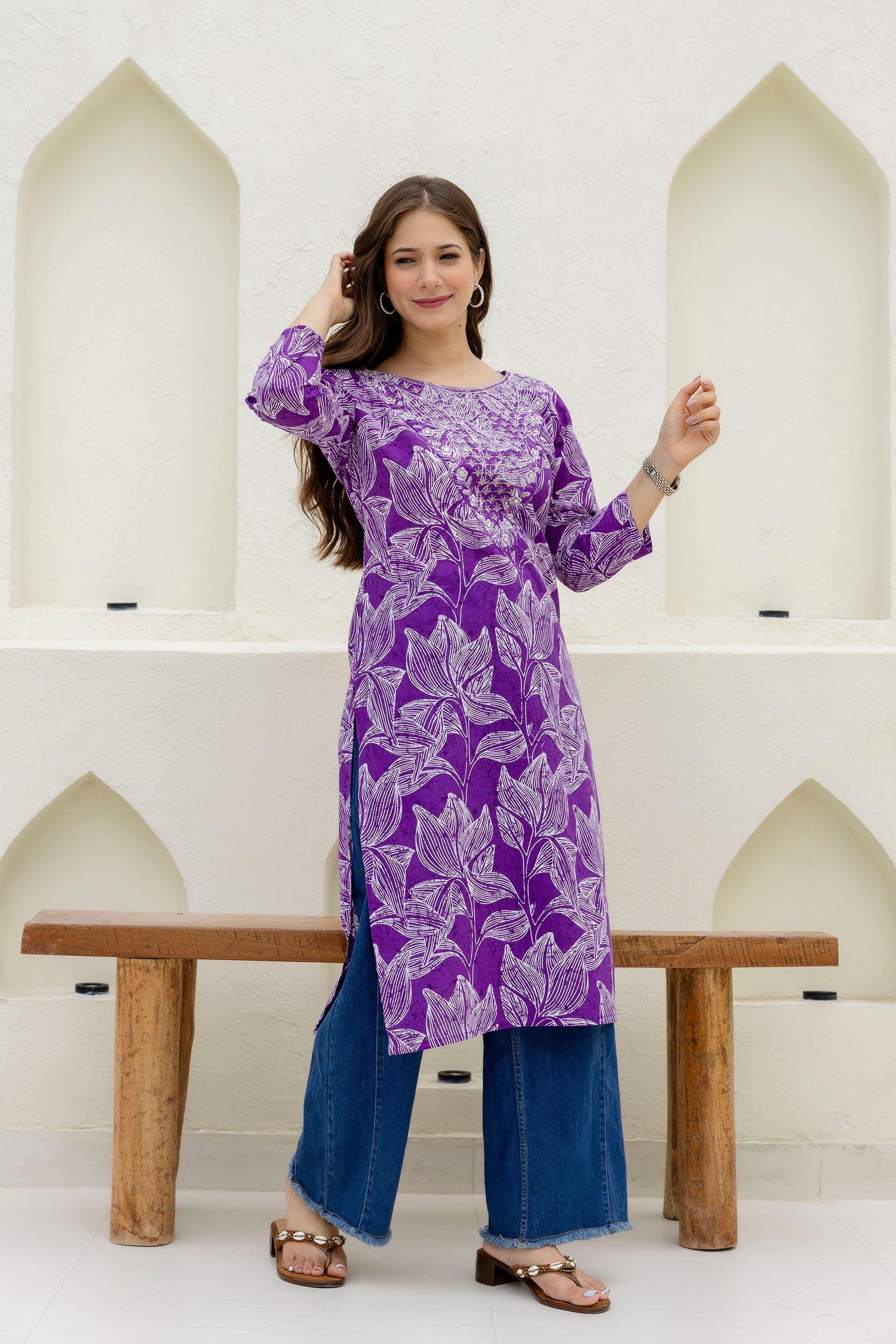 Purple Printed Embroidered Pure Cotton Straight Kurta.
