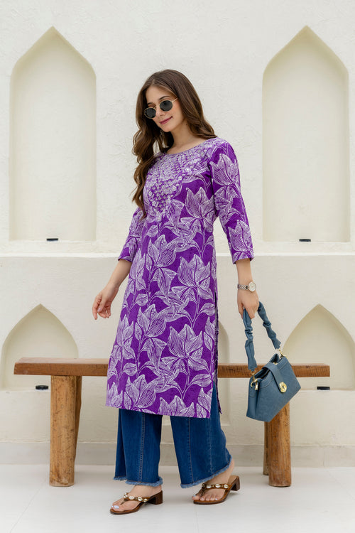 Purple Printed Embroidered Pure Cotton Straight Kurta.