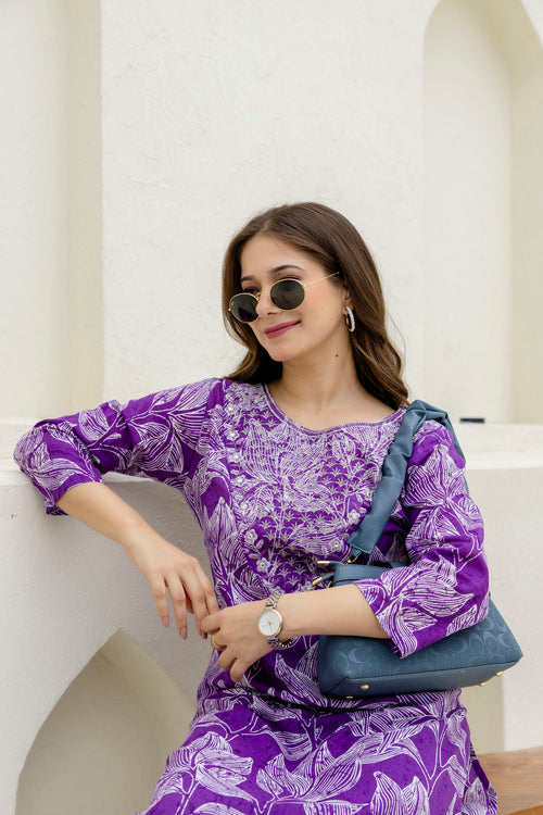 Purple Printed Embroidered Pure Cotton Straight Kurta.