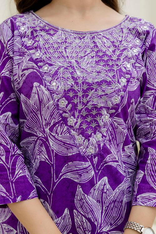 Purple Printed Embroidered Pure Cotton Straight Kurta.