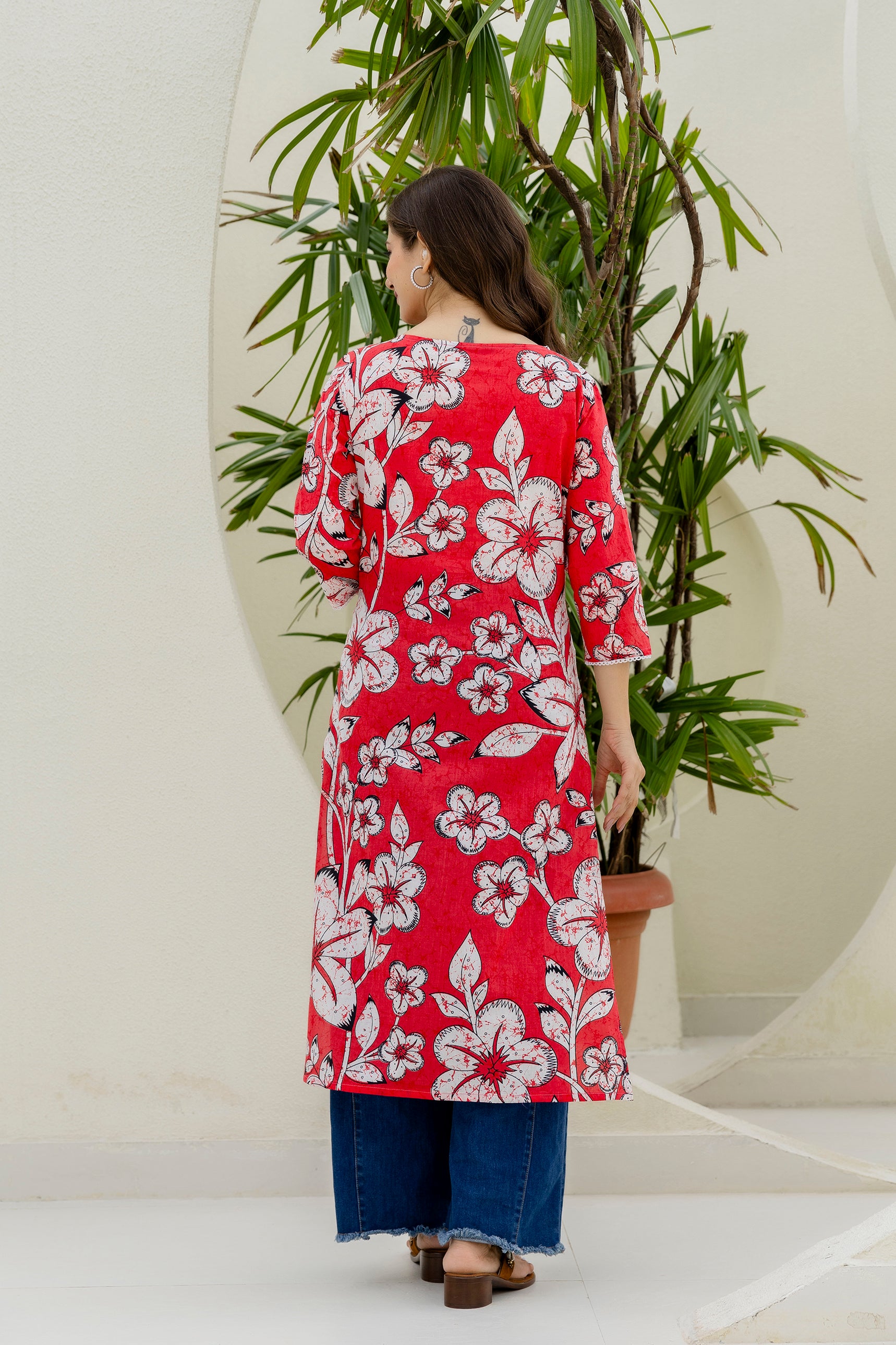 Red Printed Embroidered Pure Cotton Straight Kurta.