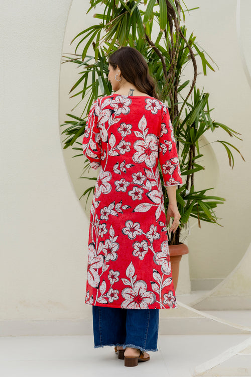 Red Printed Embroidered Pure Cotton Straight Kurta.