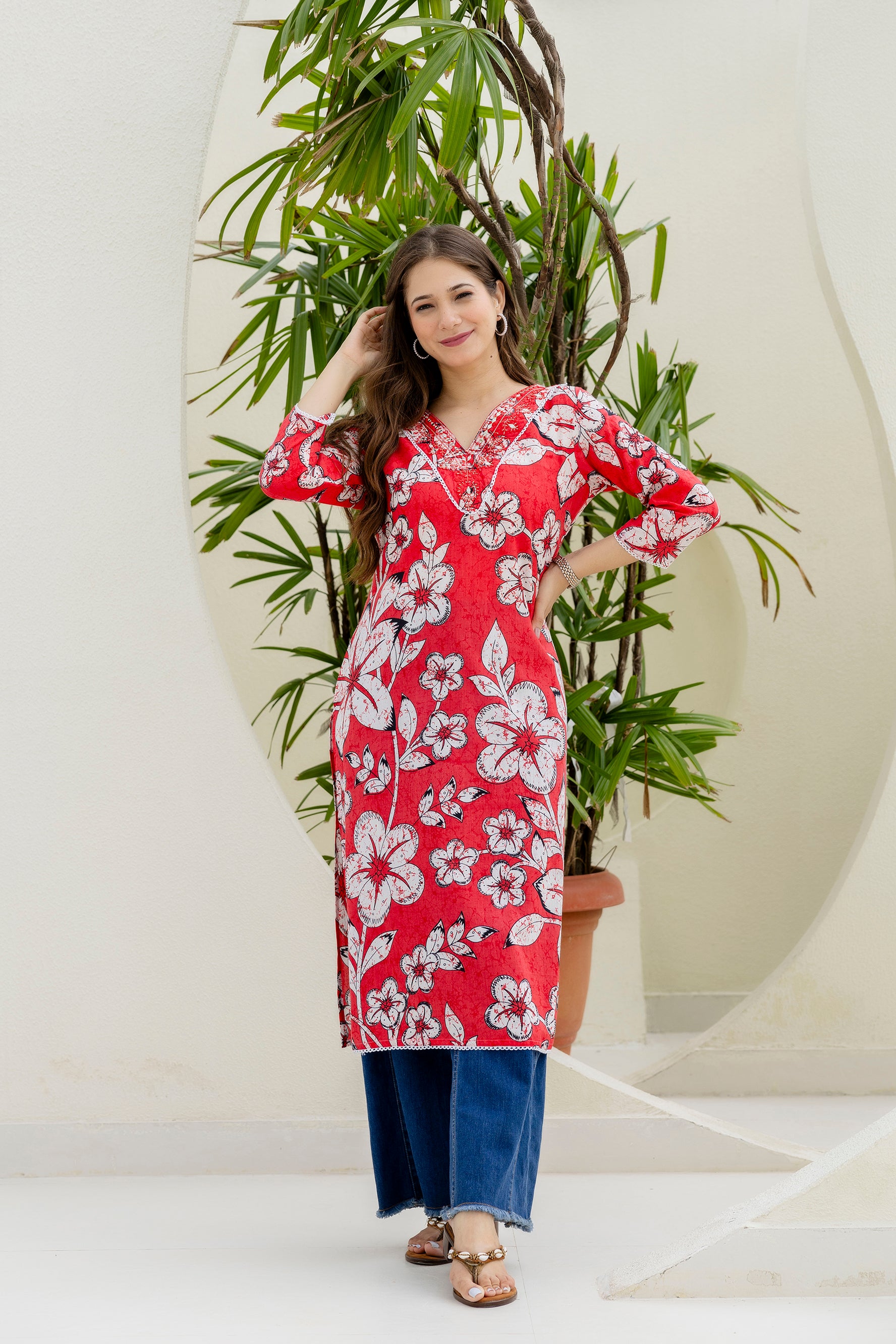 Red Printed Embroidered Pure Cotton Straight Kurta.