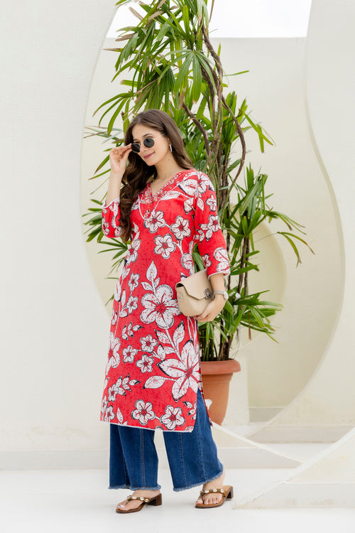Red Printed Embroidered Pure Cotton Straight Kurta.