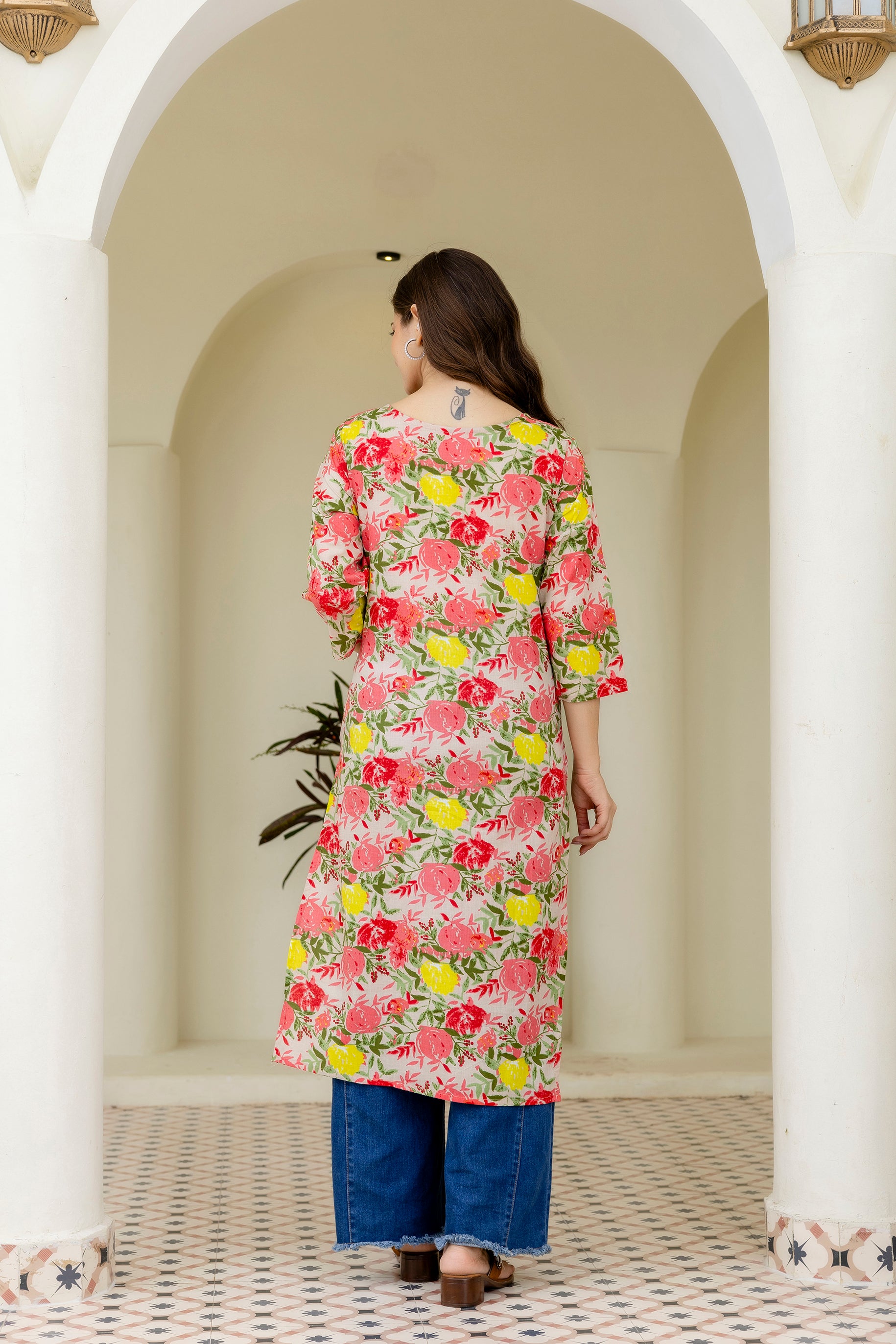 Multi-color Printed Embroidered Pure Cotton Straight Kurta.