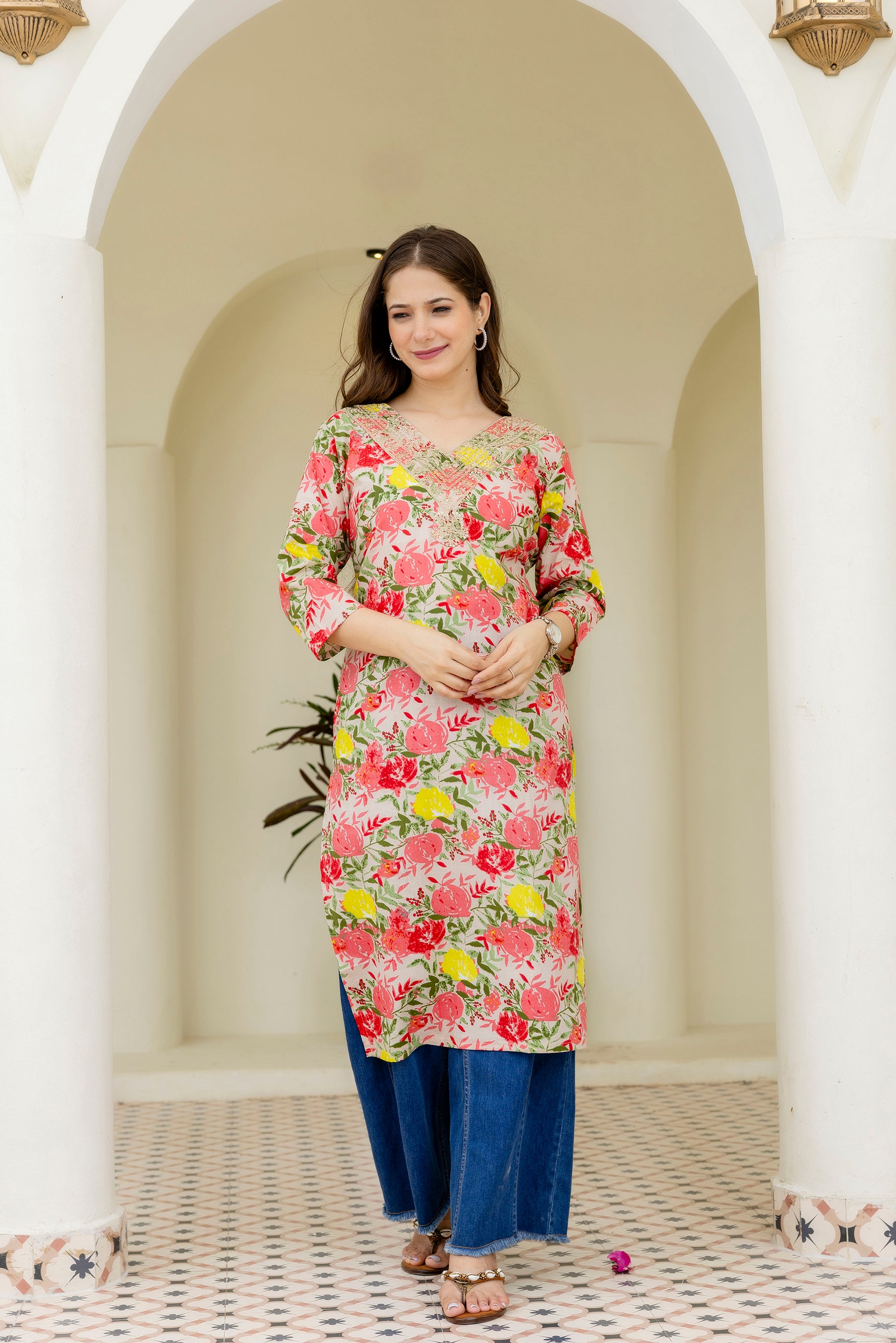 Multi-color Printed Embroidered Pure Cotton Straight Kurta.
