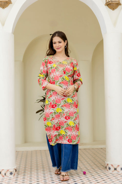 Multi-color Printed Embroidered Pure Cotton Straight Kurta.