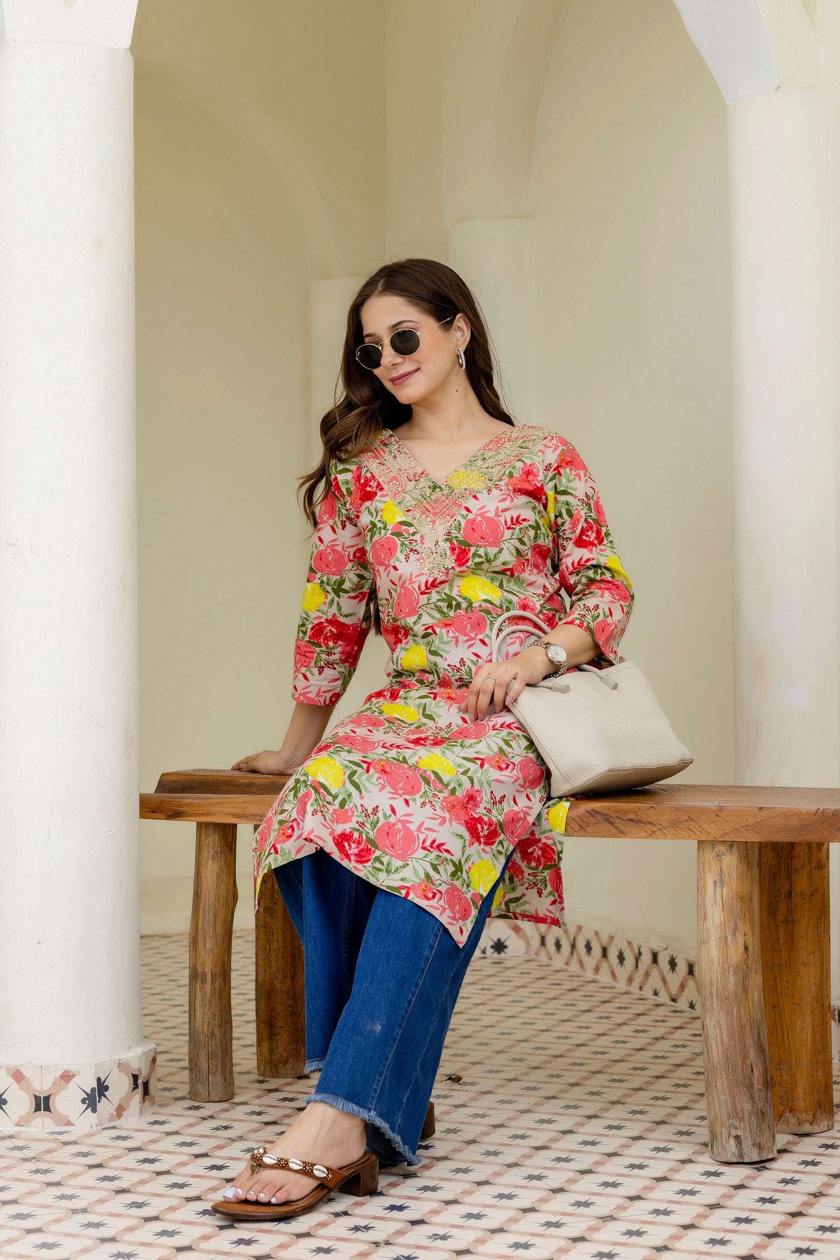 Multi-color Printed Embroidered Pure Cotton Straight Kurta.