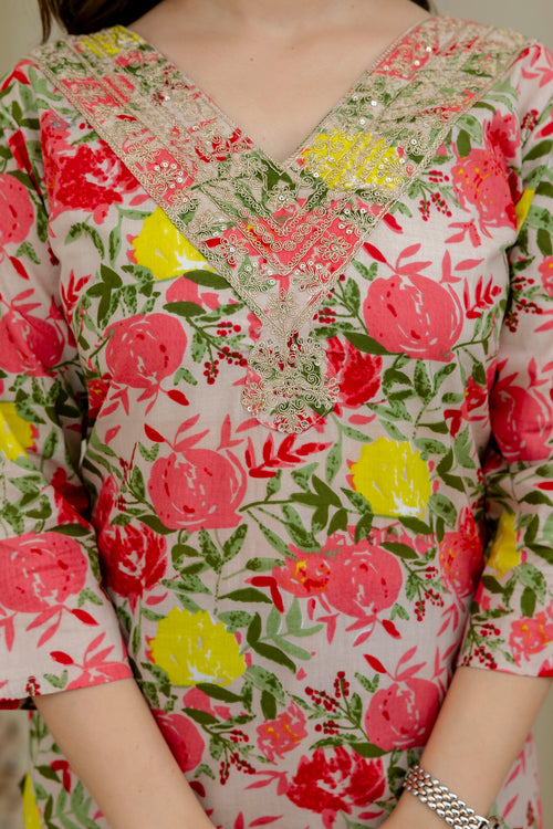 Multi-color Printed Embroidered Pure Cotton Straight Kurta.