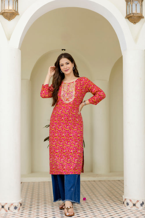 Pink Printed Embroidered Pure Cotton Straight Kurta.