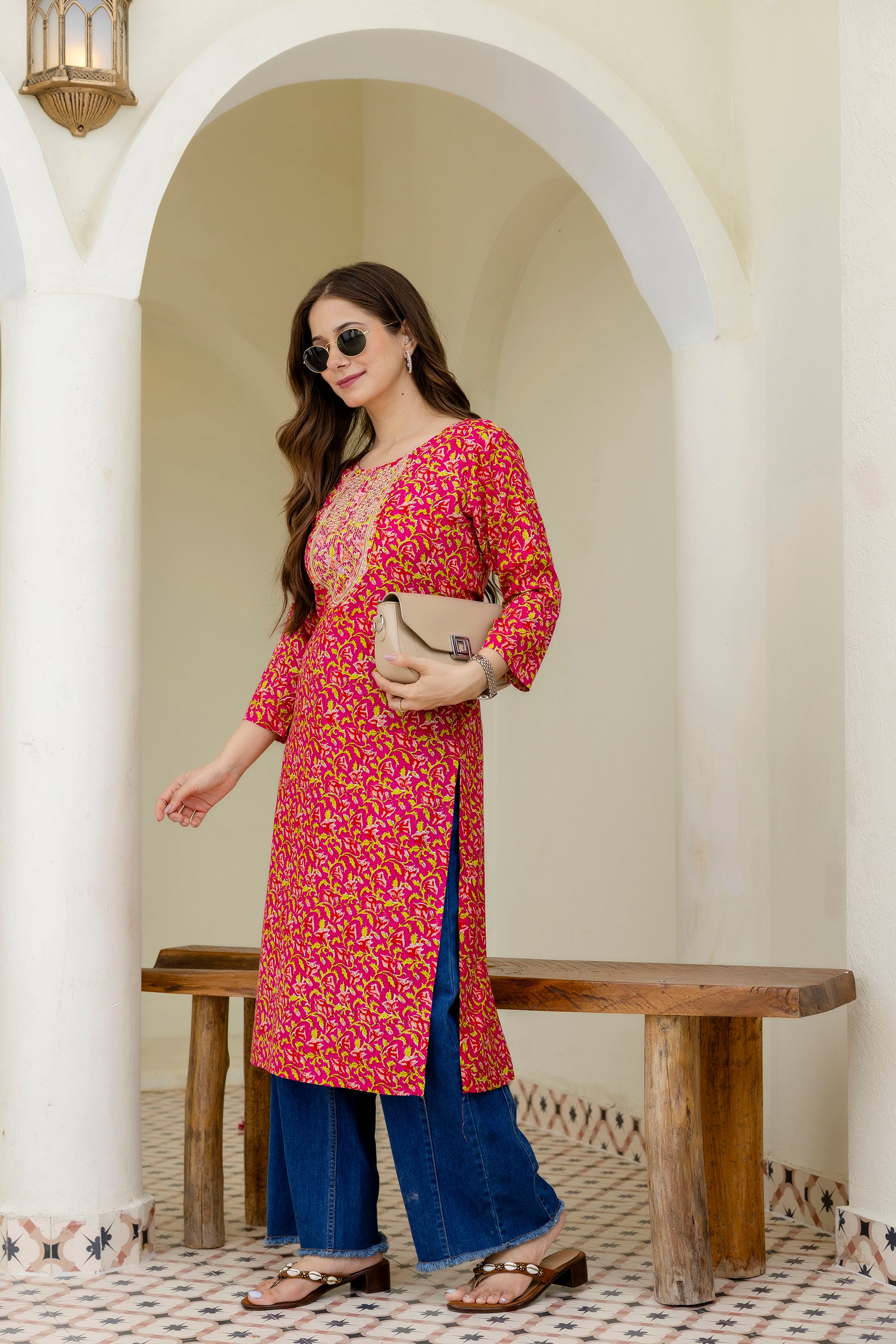 Pink Printed Embroidered Pure Cotton Straight Kurta.