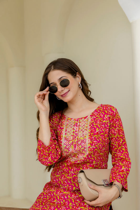 Pink Printed Embroidered Pure Cotton Straight Kurta.