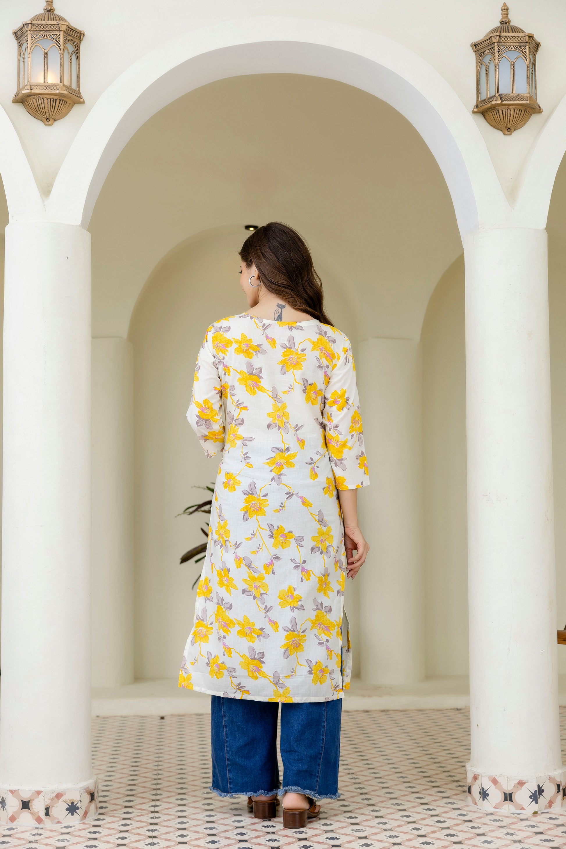 Yellow Green Printed Embroidered Pure Cotton Straight Kurta.