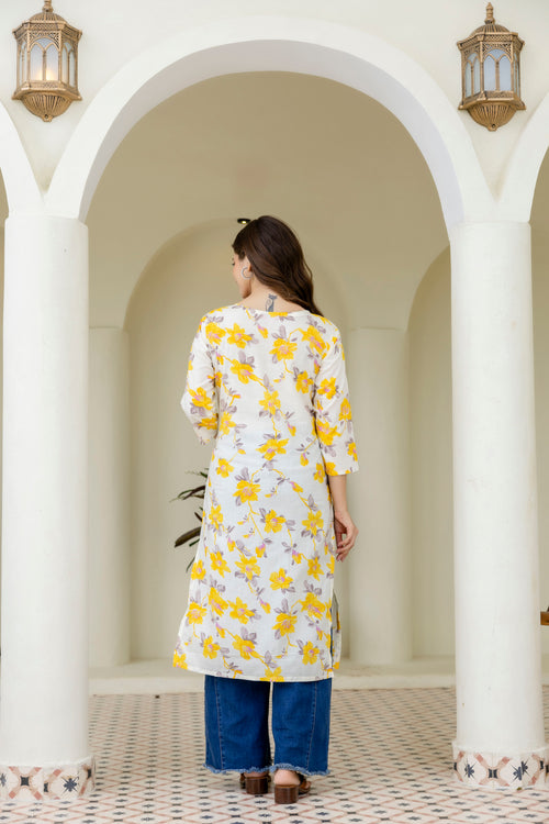 Yellow Green Printed Embroidered Pure Cotton Straight Kurta.