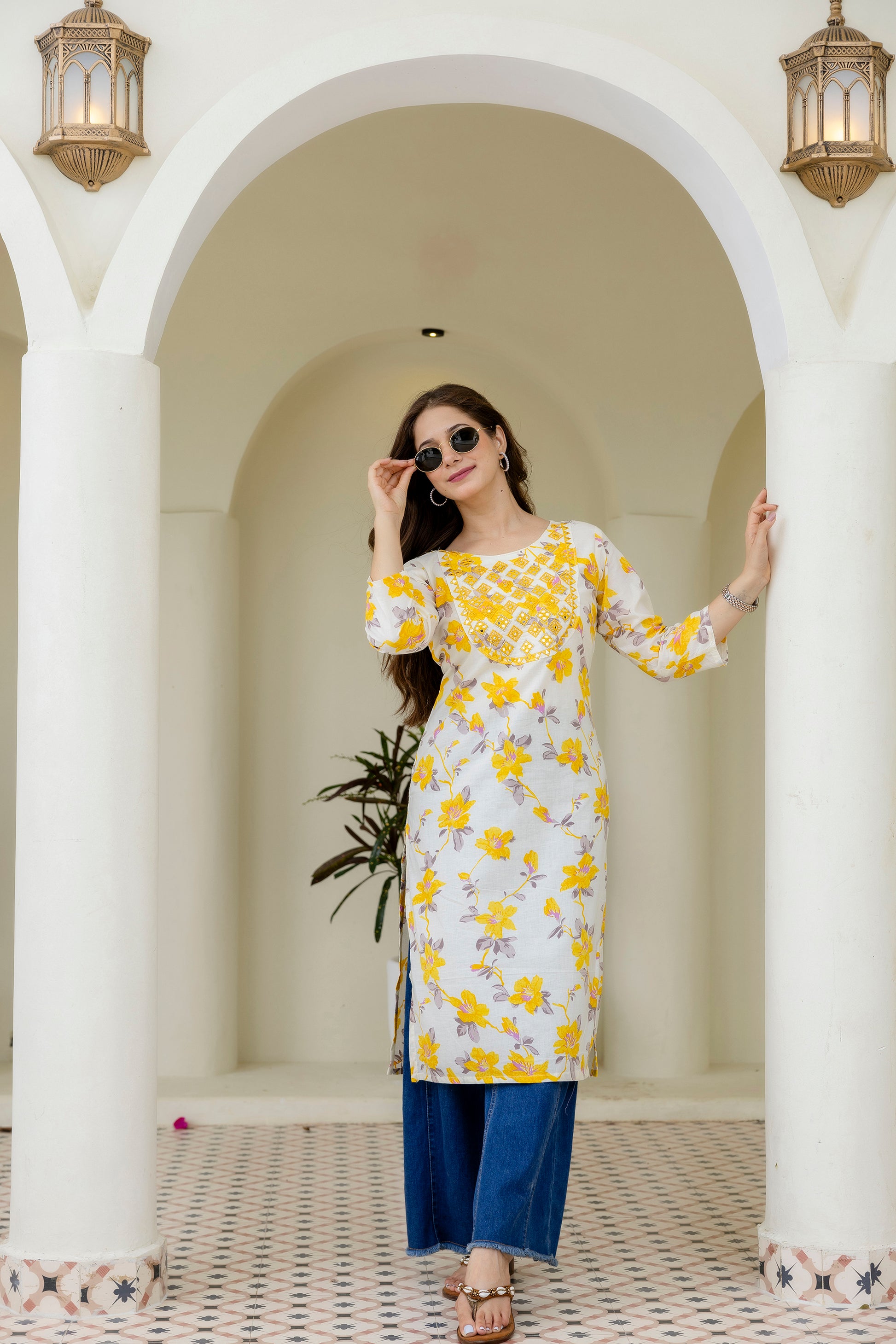 Yellow Green Printed Embroidered Pure Cotton Straight Kurta.