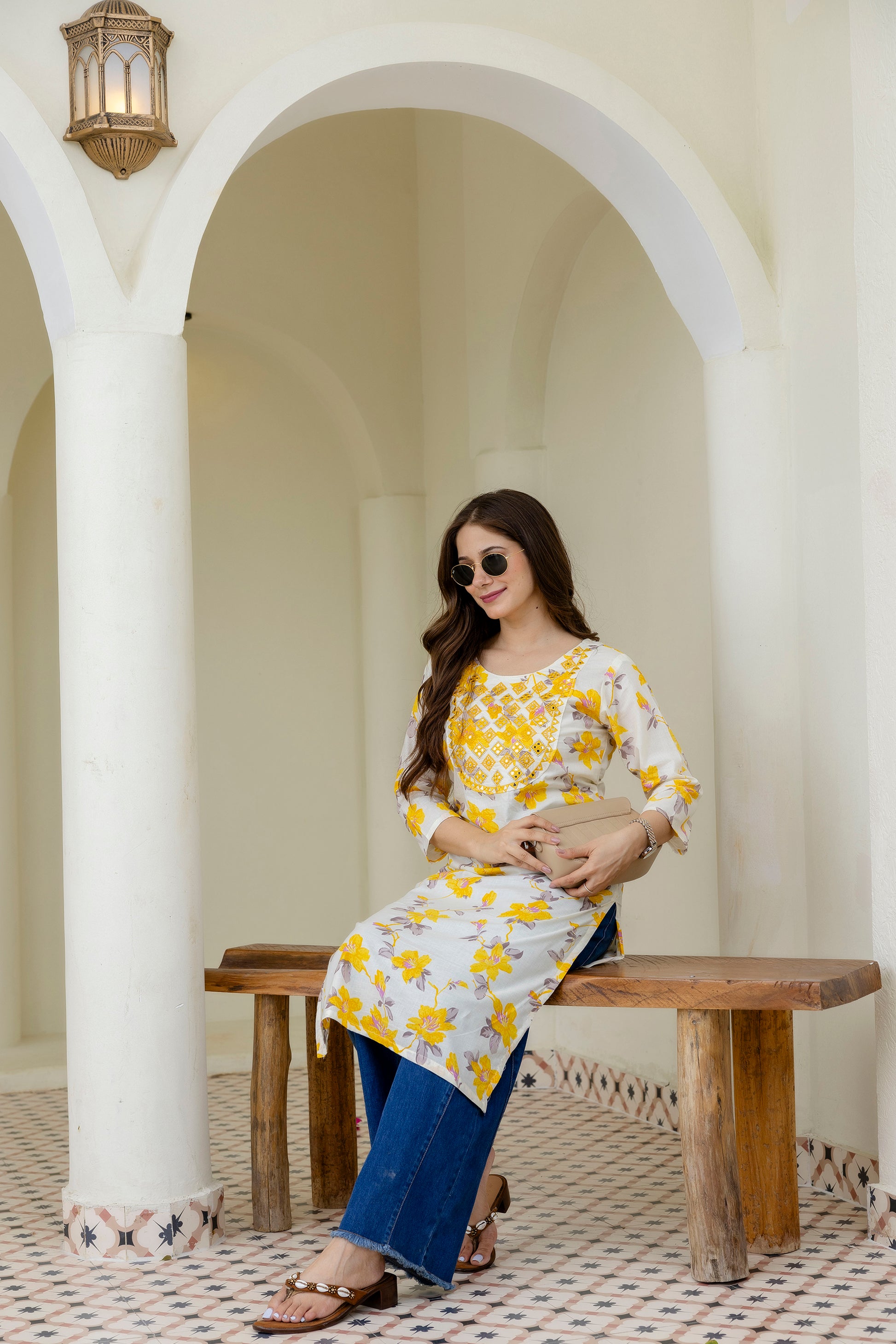 Yellow Green Printed Embroidered Pure Cotton Straight Kurta.