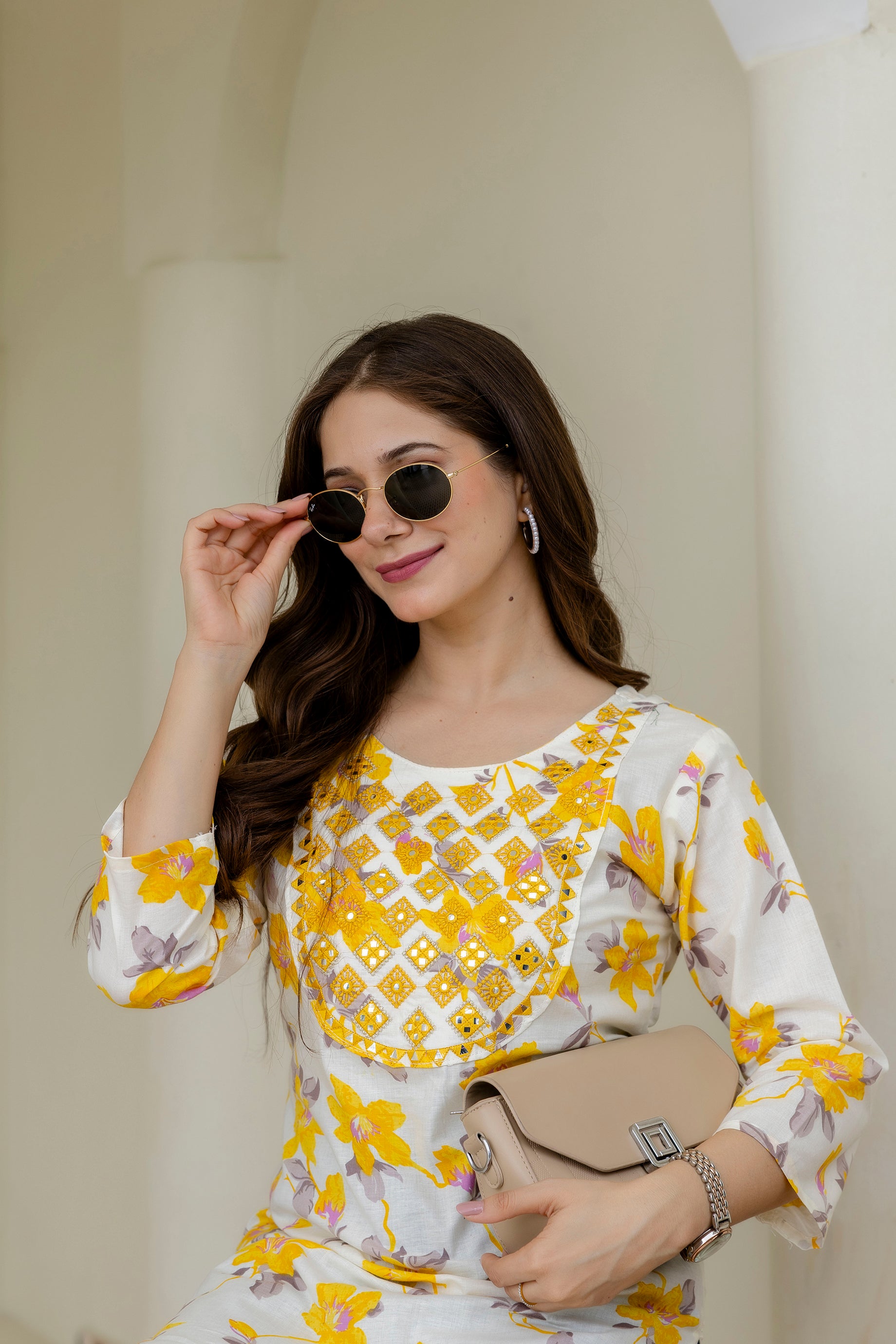 Yellow Green Printed Embroidered Pure Cotton Straight Kurta.
