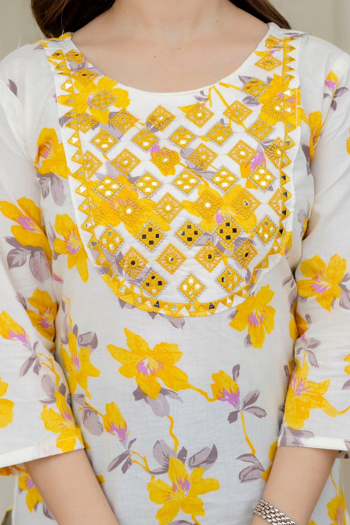 Yellow Green Printed Embroidered Pure Cotton Straight Kurta.