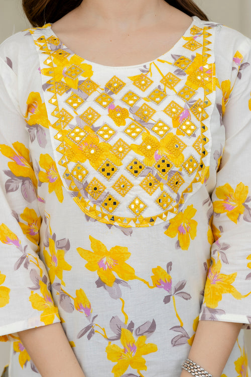 Yellow Green Printed Embroidered Pure Cotton Straight Kurta.