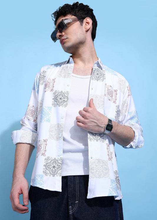 Damask Abstract Print White Shirt