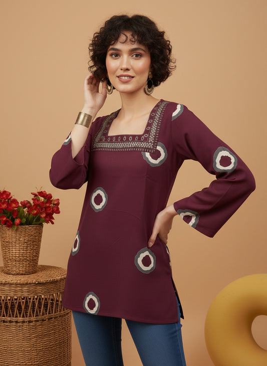 Maroon Printed Square-Neck Pure Cotton Short Kurti.