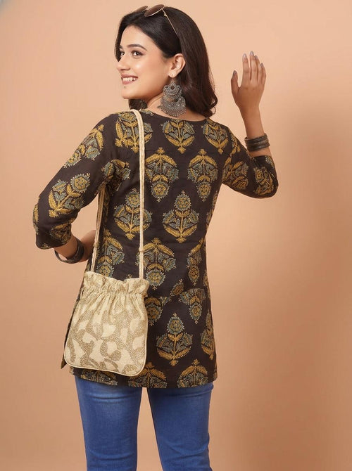 Floral Printed Brown Pure Cotton Short Kurti.
