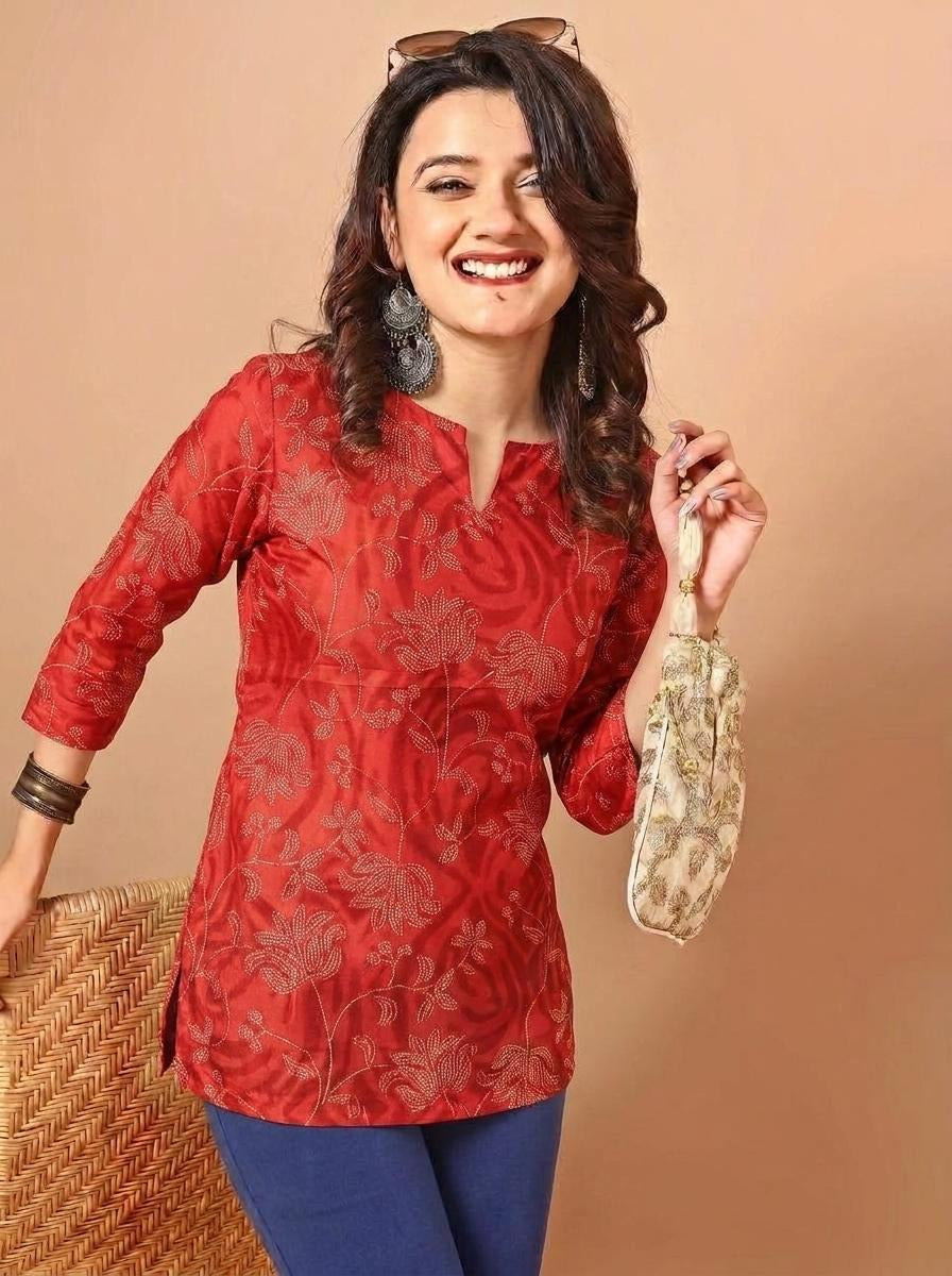 Floral Printed Red Pure Cotton Short Kurti.