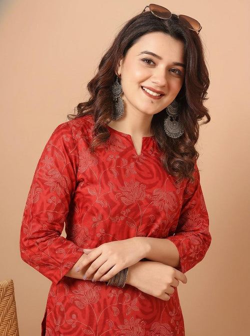 Floral Printed Red Pure Cotton Short Kurti.