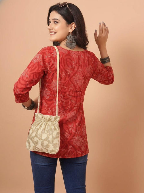 Floral Printed Red Pure Cotton Short Kurti.