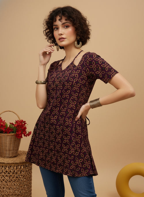 Wine Purple Geometric Printed Pure Cotton Short Kurti.