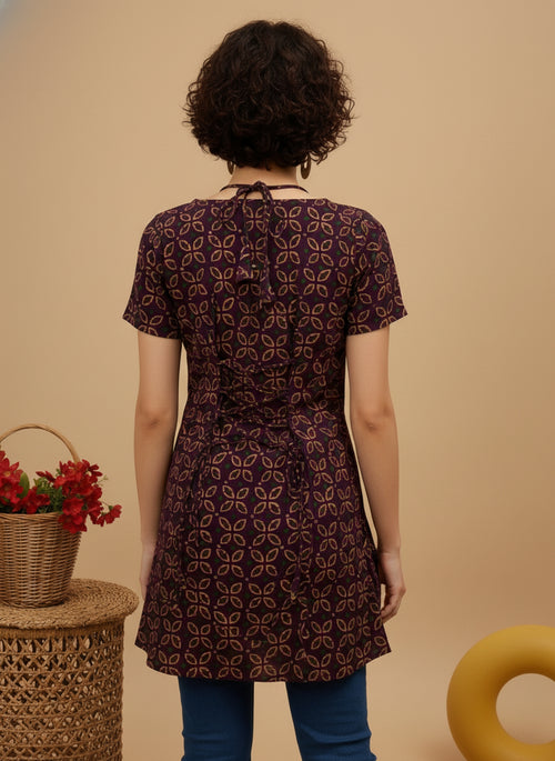 Wine Purple Geometric Printed Pure Cotton Short Kurti.