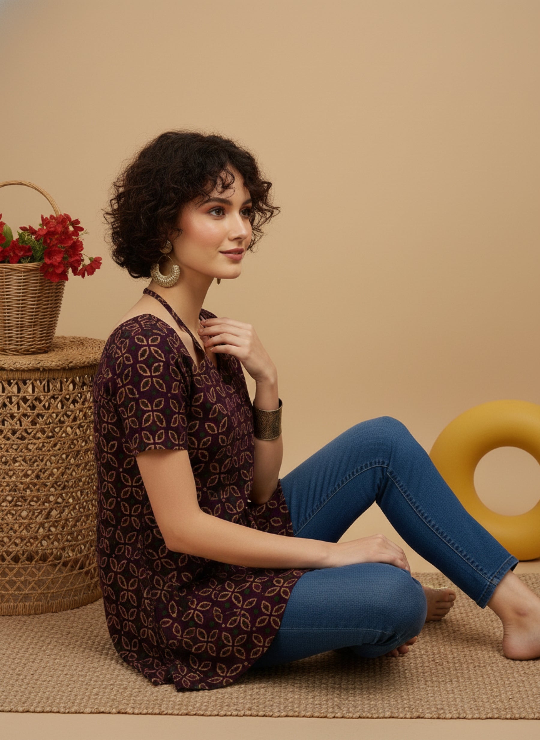Wine Purple Geometric Printed Pure Cotton Short Kurti.
