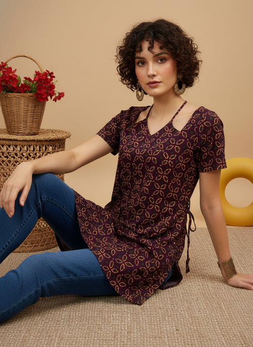 Wine Purple Geometric Printed Pure Cotton Short Kurti.