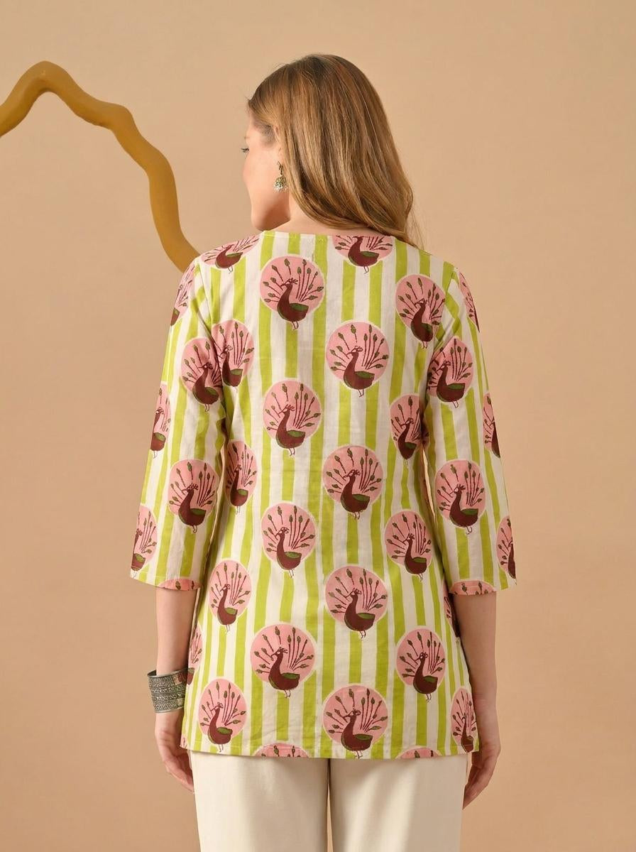 Peacock Print Green & White  Pure Cotton Short Kurti.