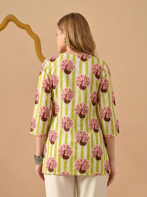 Peacock Print Green & White  Pure Cotton Short Kurti.