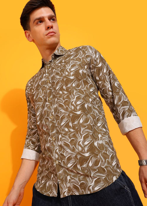 Graphic Printed Brown Full Sleeves Shirt For Men