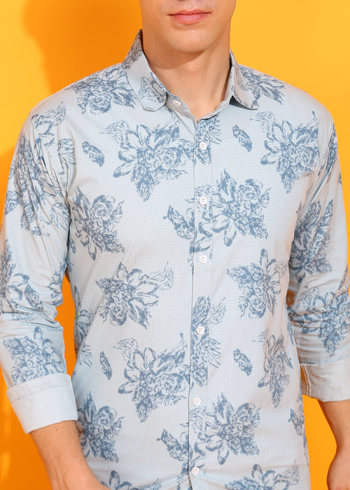 Blue Big Floral Printed  Casual Shirt For Men