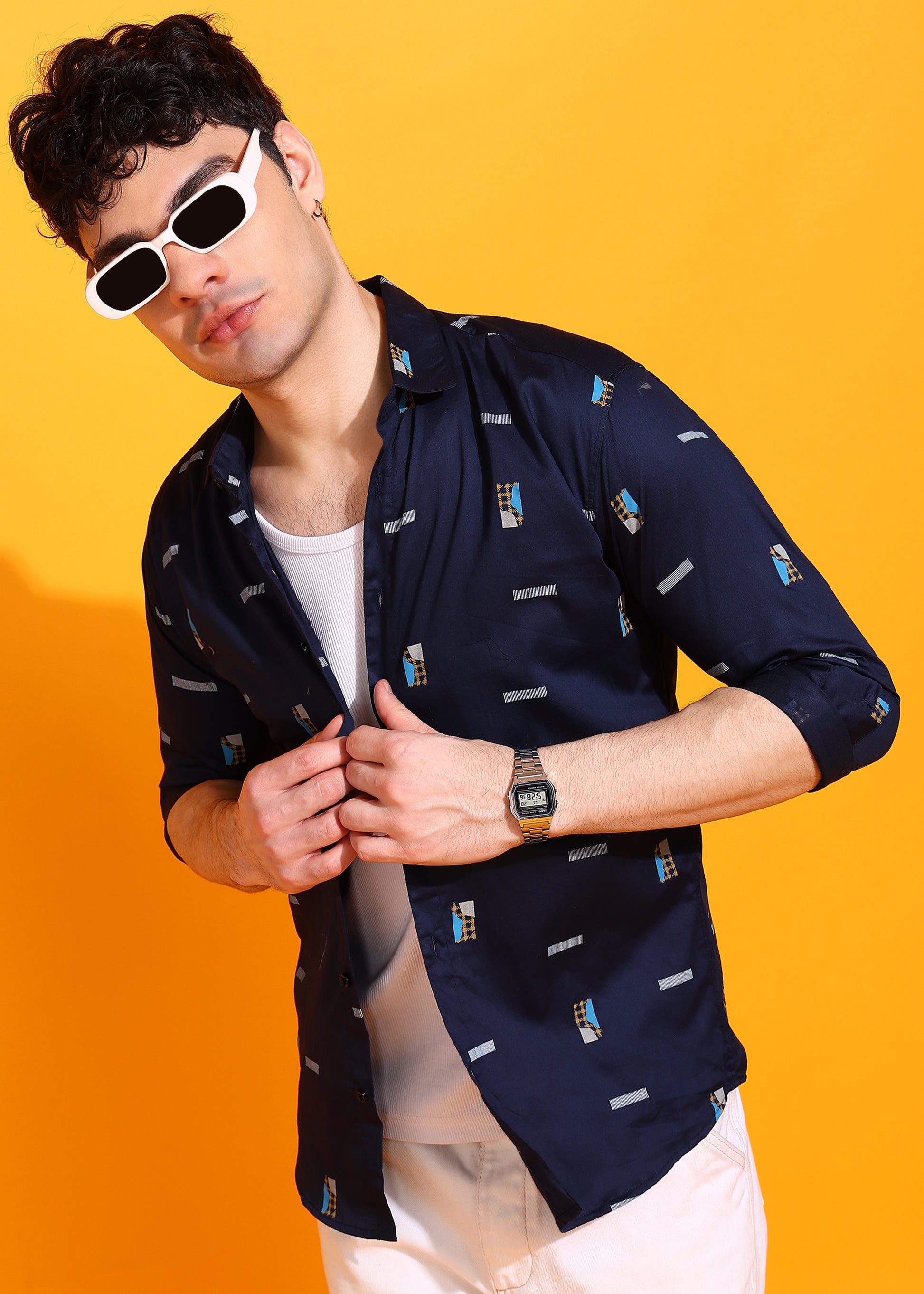 Cream Printed Casual Shirt For Men