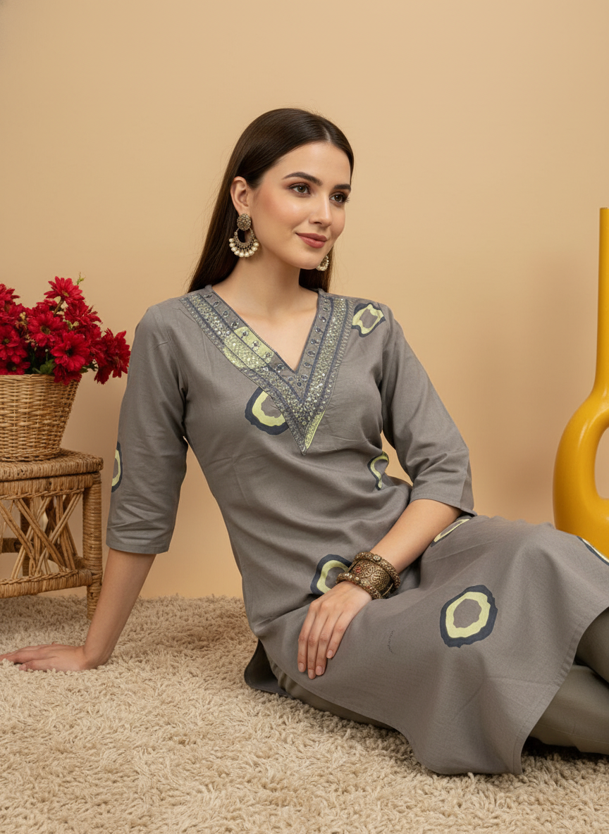 Gray Printed Embroidered Pure Cotton Straight Kurta.