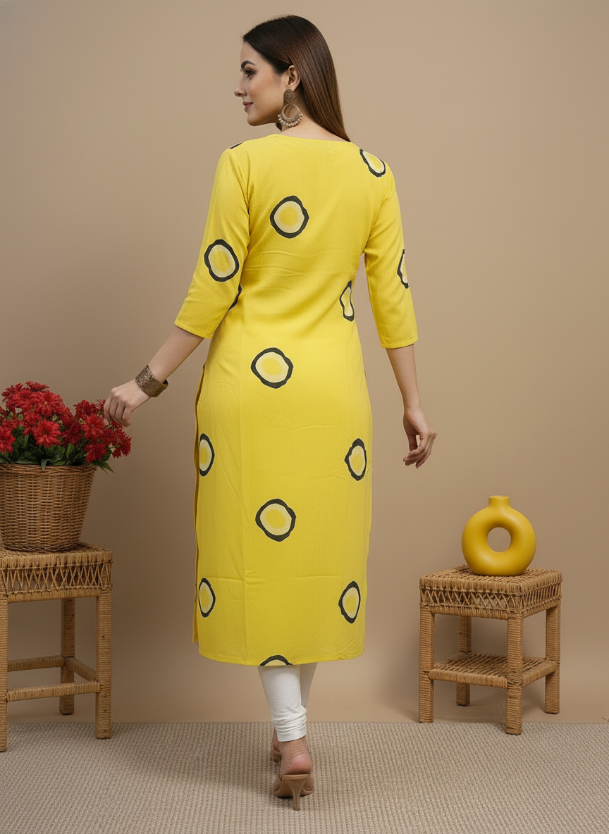 Yellow Printed Embroidered Pure Cotton Straight Kurta.