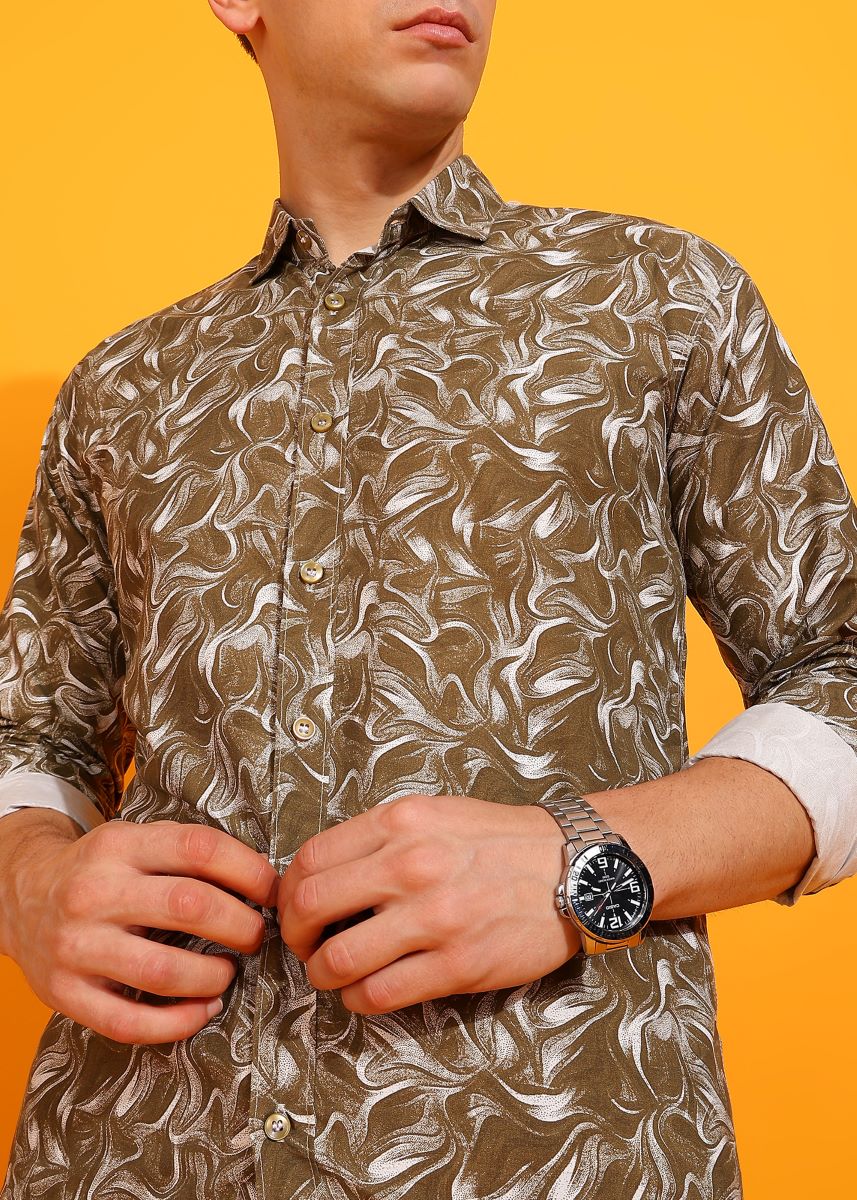 Graphic Printed Brown Full Sleeves Shirt For Men