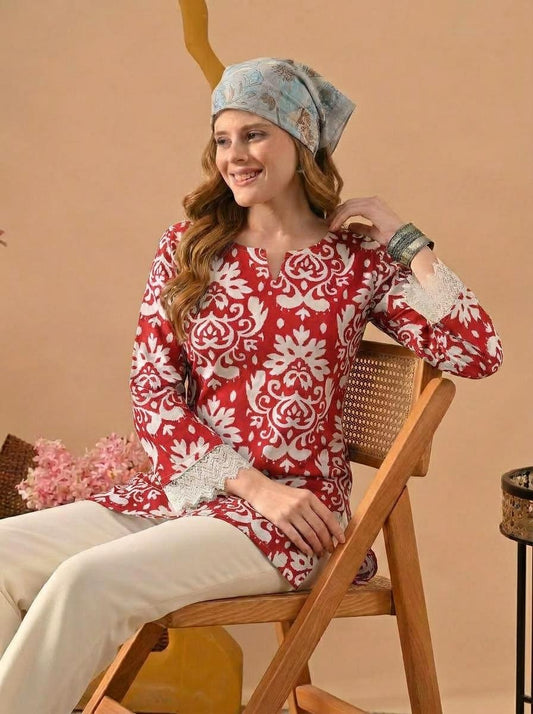 Floral Printed Red & White Pure Cotton Short Kurti.