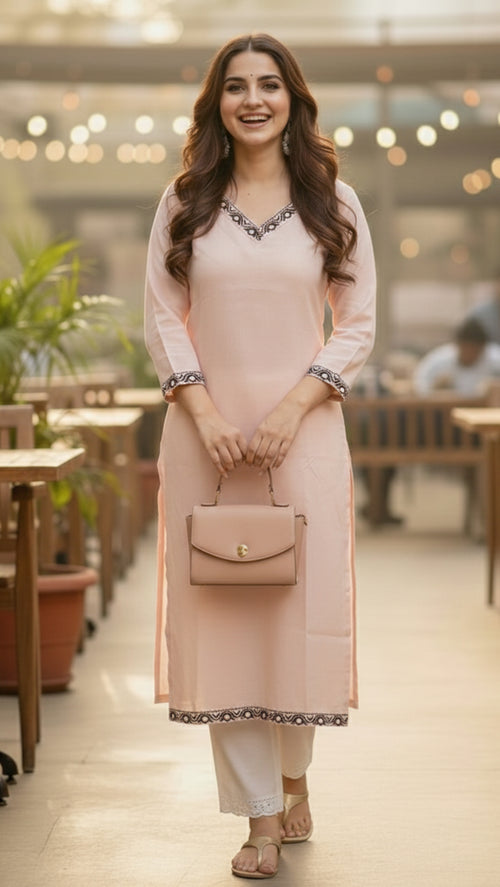 Peach Solid Embroidered Pure Cotton Straight Kurta