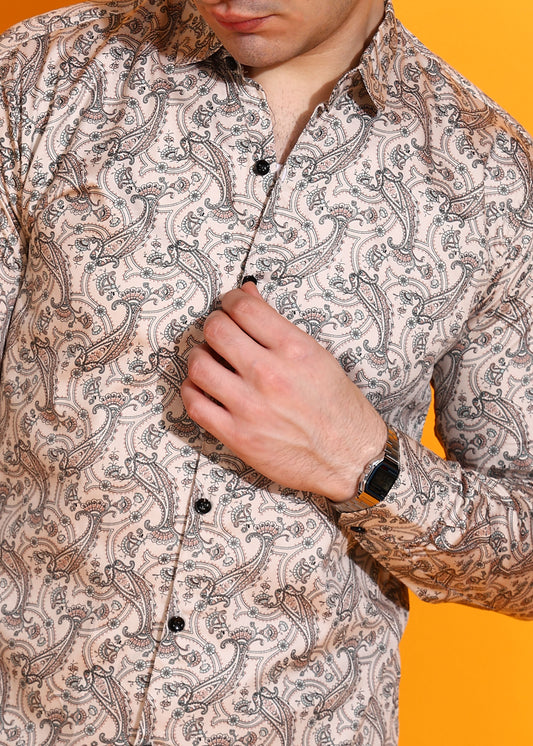 Beige Ethnic motif Printed Casual Shirt For Men