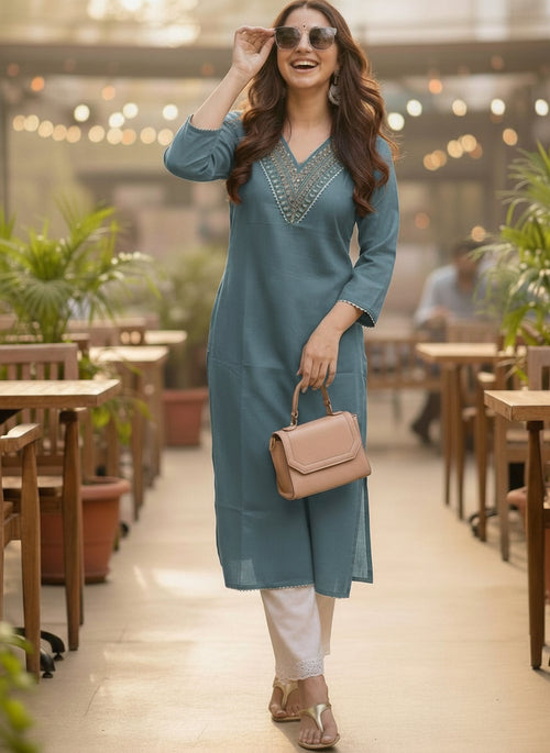 Gray Printed Embroidered Pure Cotton Straight Kurta.