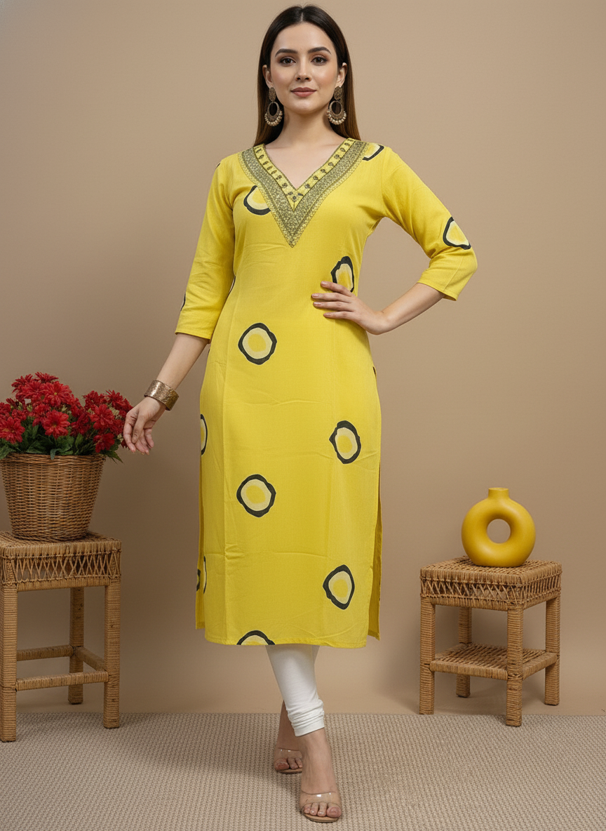 Yellow Printed Embroidered Pure Cotton Straight Kurta.
