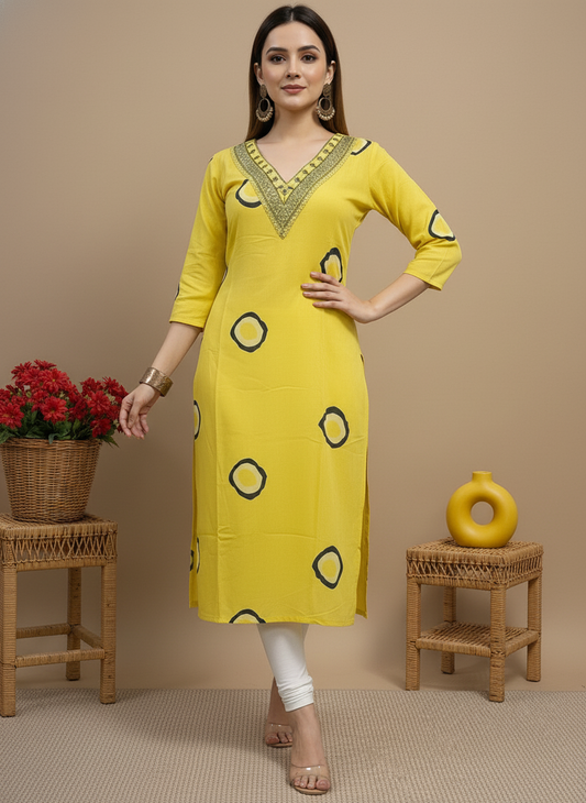 Yellow Printed Embroidered Pure Cotton Straight Kurta.