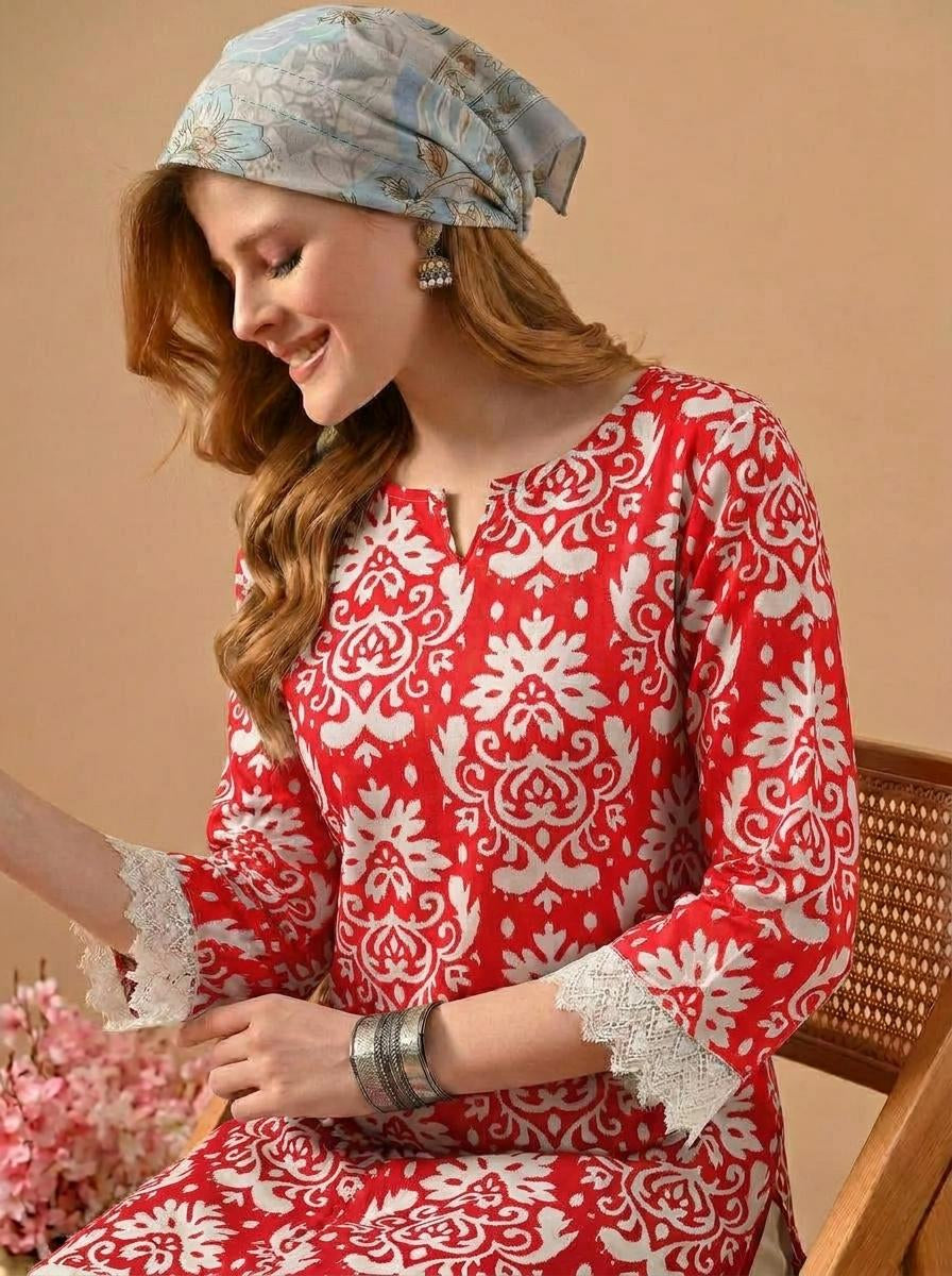 Floral Printed Red & White Pure Cotton Short Kurti.