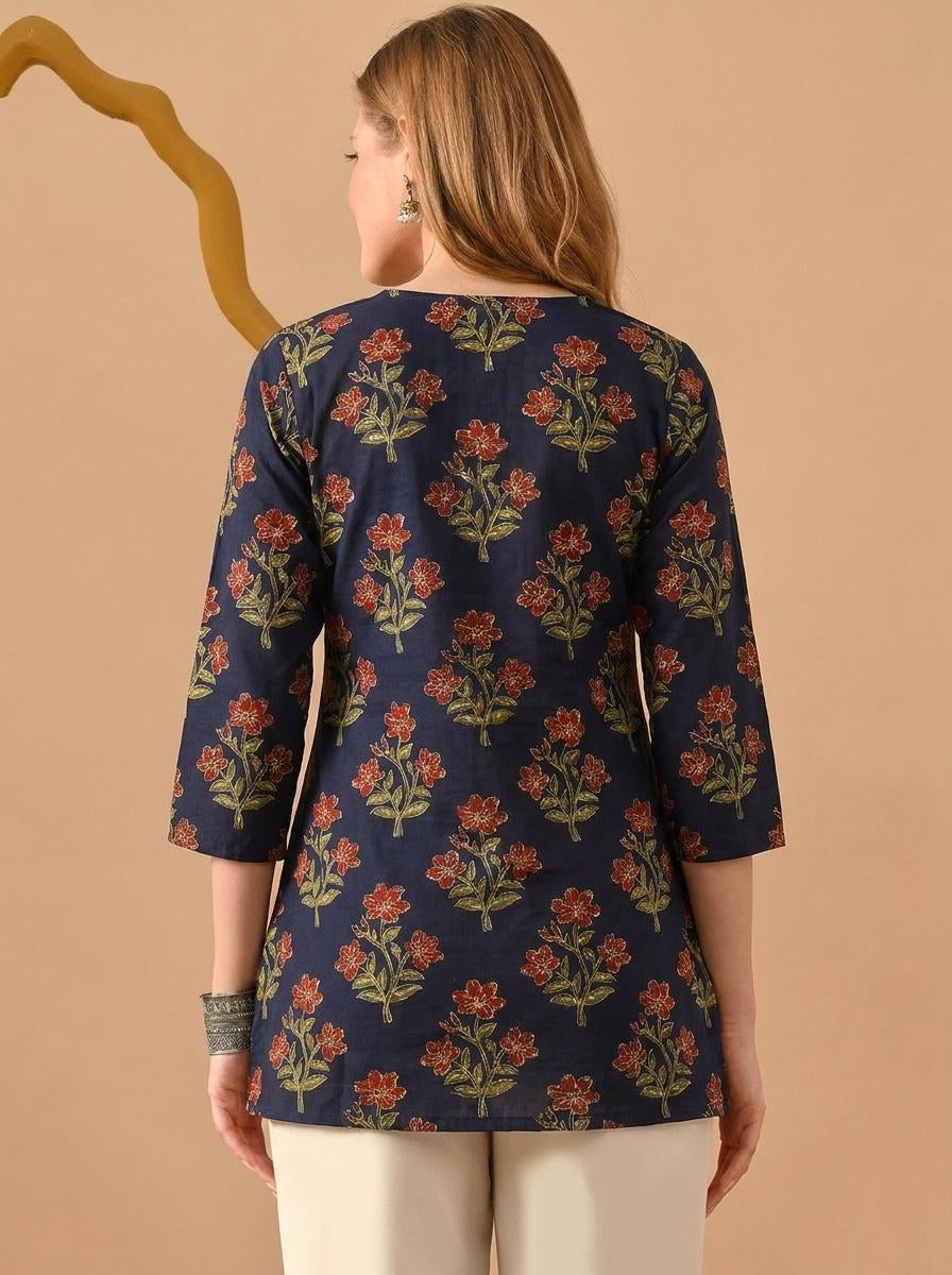 Floral Printed Navy Blue Pure Cotton Short Kurti.